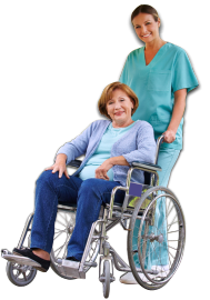 caregiver pushing wheelchair of patient